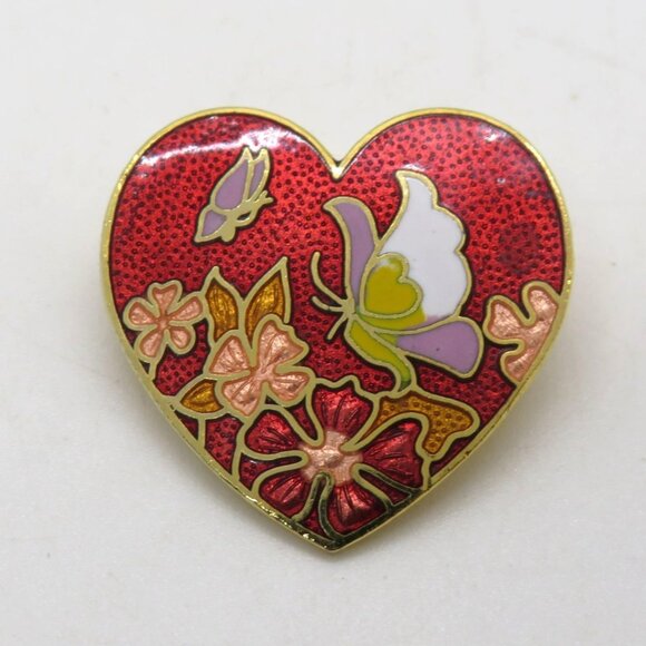 Cloisonne Brooch Heart Shaped Floral Enamel 1" Pin Butterfly Red Gold Tone - Picture 1 of 8